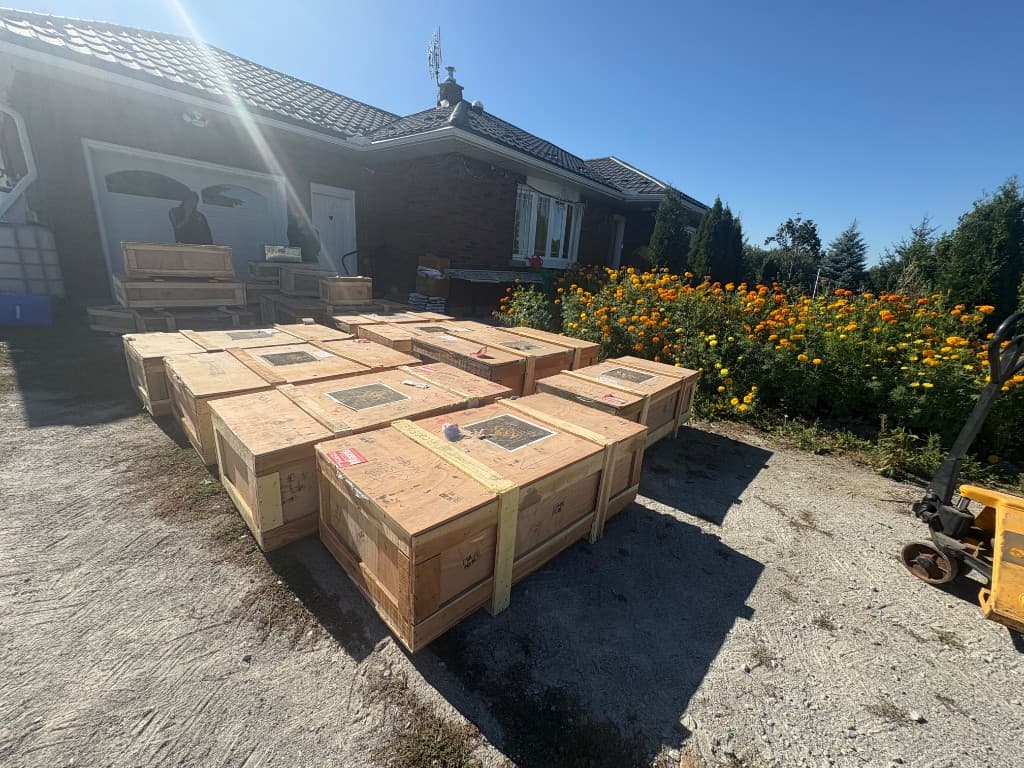 Wide view of the murti crates from Jaipur on the driveway beside the marigold garden